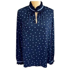 Boden Navy Blue Polka Dot Long-Sleeve Tie-Neck Blouse